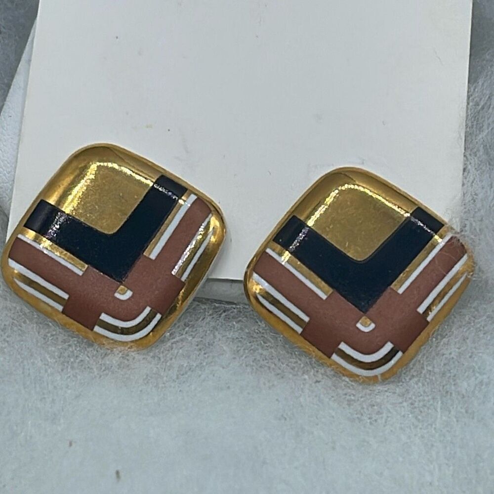 Vintage plaid print gold black tan clip earrings.